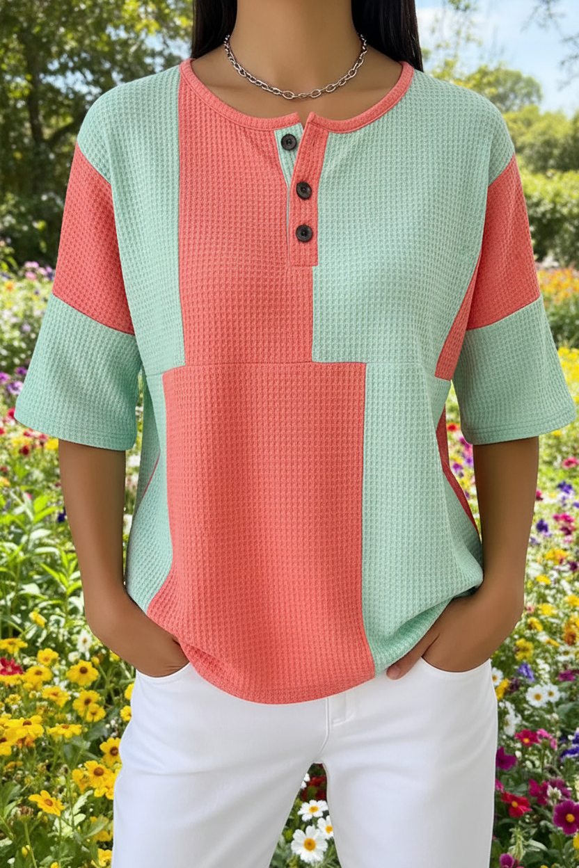 Womens Colorblock Art Pattern Print Casual Waffle Cotton Shirt