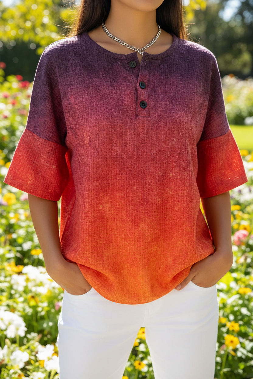 Womens Gradient Art Pattern Print Casual Waffle Cotton Shirt