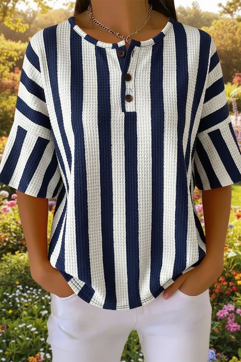 Womens Vertical Stripe Art Pattern Print Casual Waffle Cotton Shirt