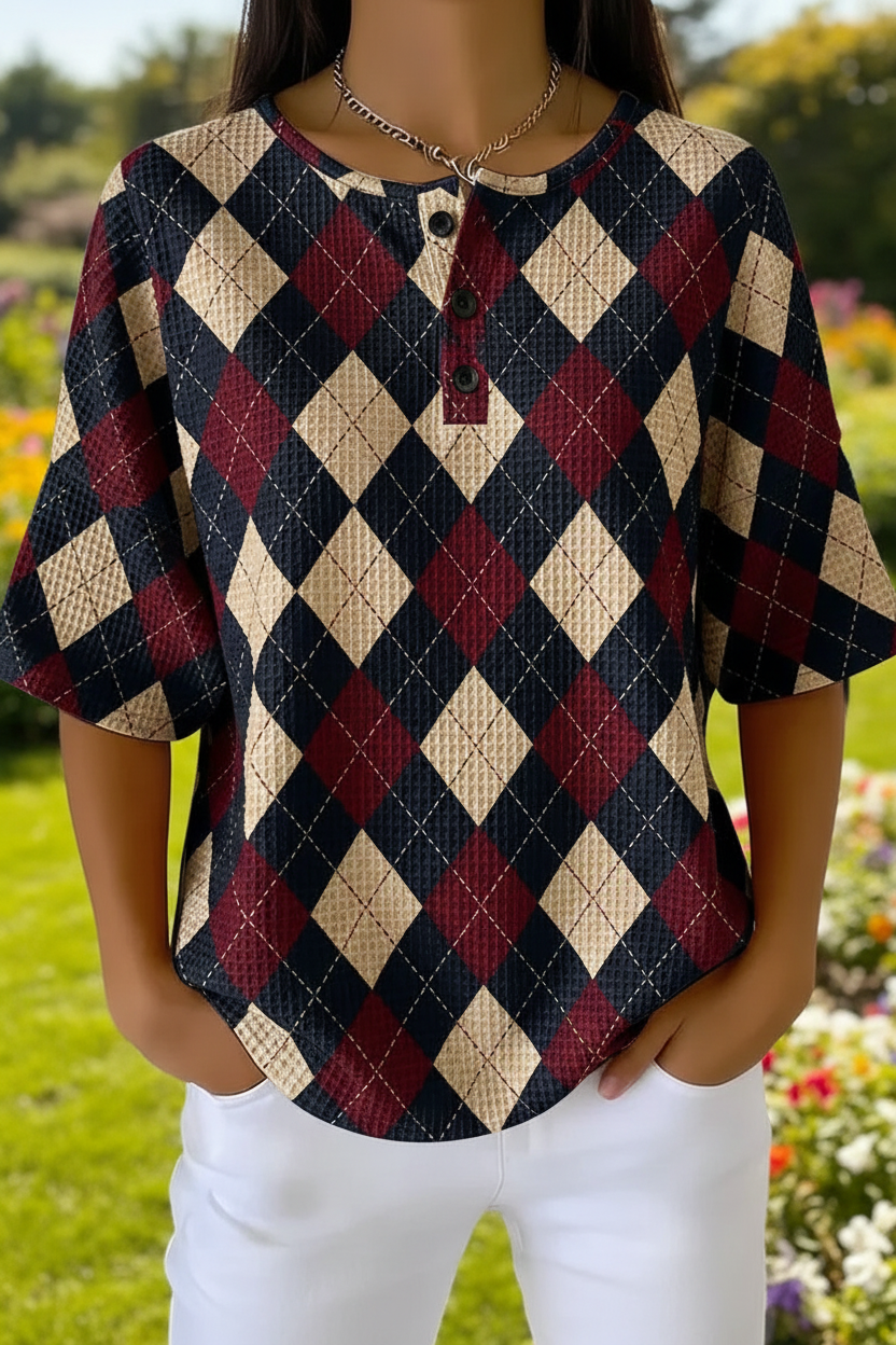 Womens Argyle Art Pattern Print Casual Waffle Cotton Shirt