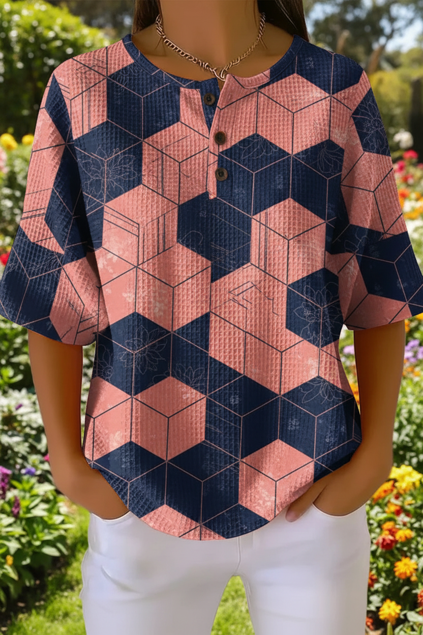 Womens Geometric Cube Art Pattern Print Casual Waffle Cotton Shirt