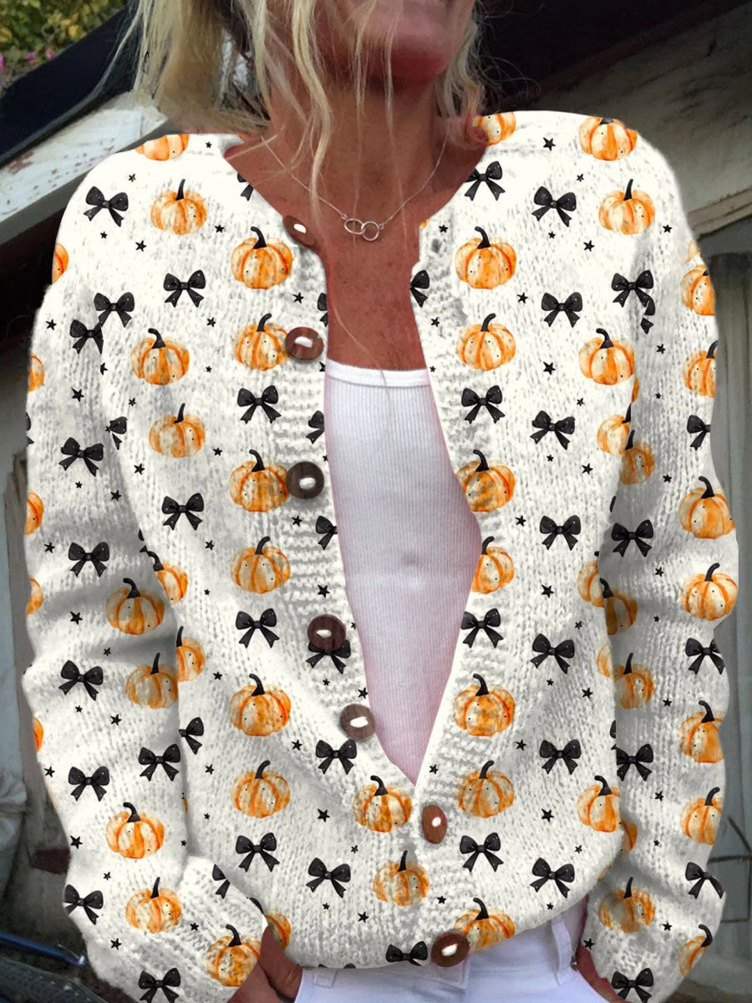Vintage Pumpkin Art Print Buttoned Cardigan Sweater