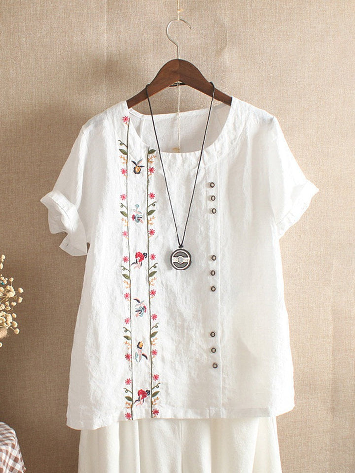 Floral Embroidery Round Neck Short Sleeves T-shirt