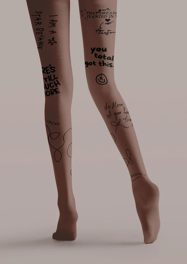 Brown Graffiti Text Tatoo Tights Hosiery Pantyhose