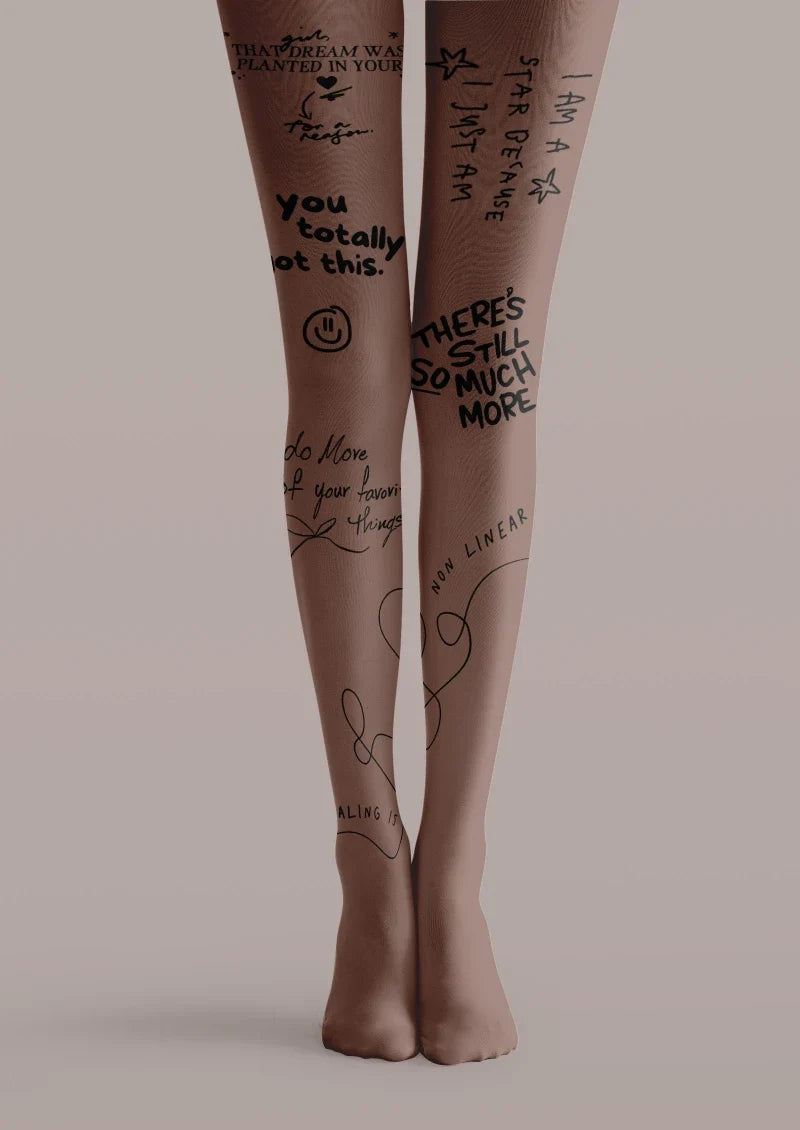 Brown Graffiti Text Tatoo Tights Hosiery Pantyhose