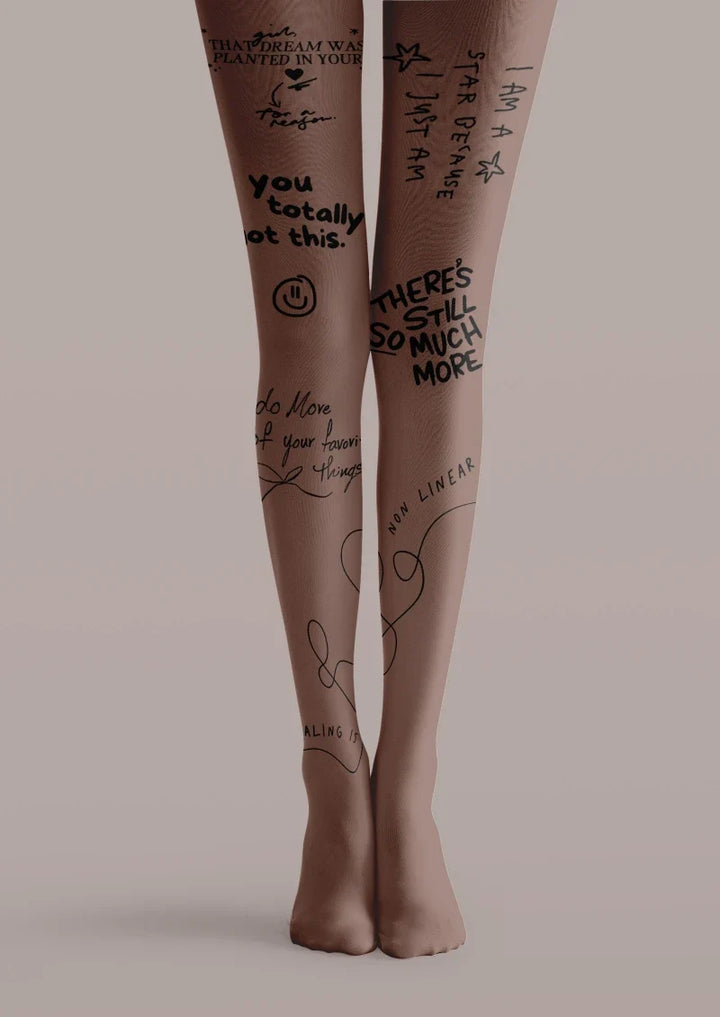 Brown Graffiti Text Tatoo Tights Hosiery Pantyhose