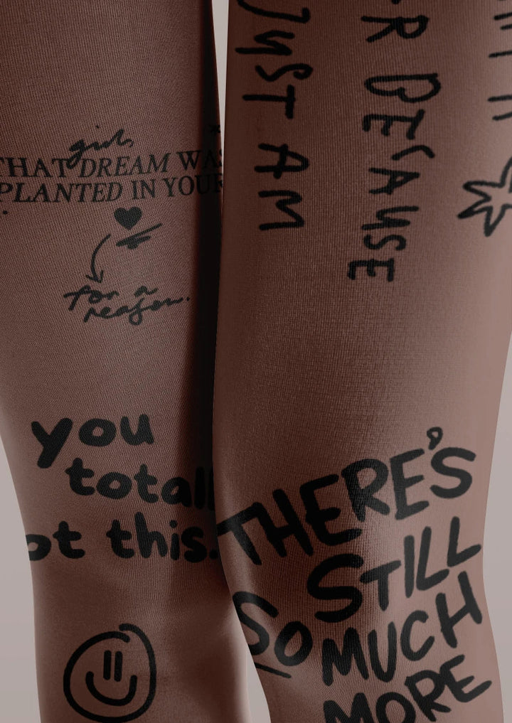 Brown Graffiti Text Tatoo Tights Hosiery Pantyhose