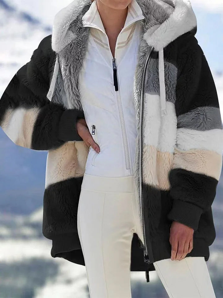 Autumn and Winter Loose Plush Multicolor Hooded Jacket