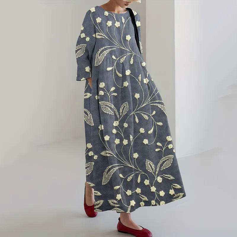 Floral Embroidery Print Long Sleeve Casual Midi Dress