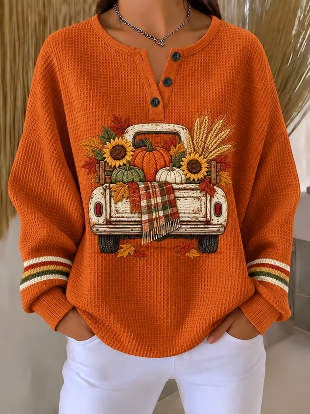 Casual Sunflower Henley Collar Long Sleeve Sweatshirt