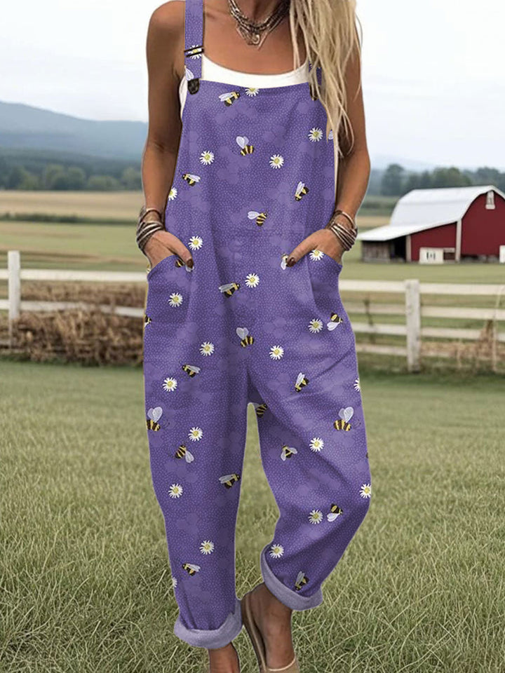 Women's  Bee Art Print Casual Cotton Wide Leg Jumpsuit