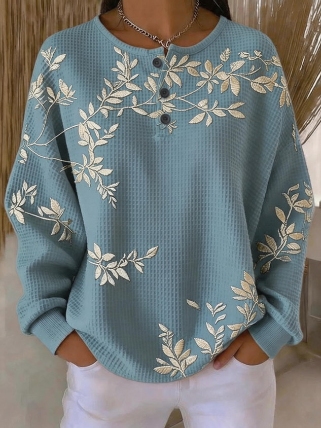 Vintage Henley Collar Leaf Sweatshirt