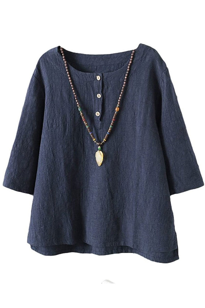 Solid Color Buttons Round Neck 3/4 Sleeves Shirts