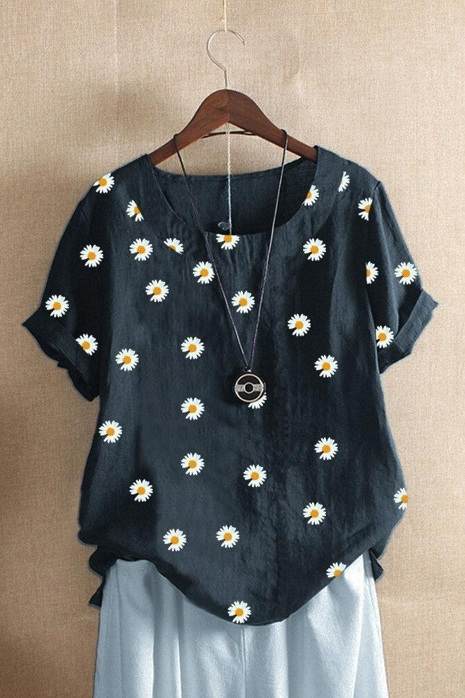 Women's Round Neck Floral Print Short Sleeves T-shirt