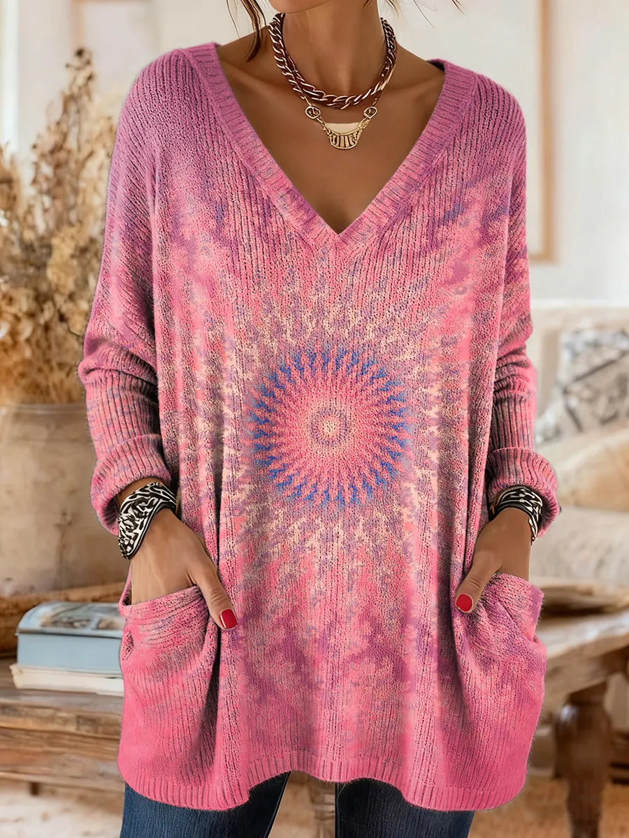 Women's Retro Kaleidoscope Art Print V-Neck Casual Long-Sleeve Sweater