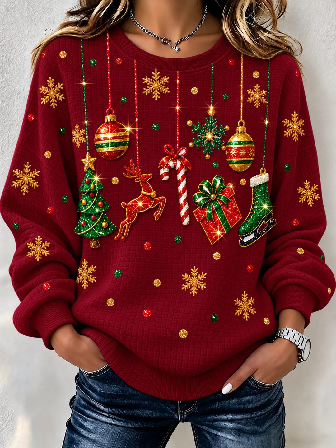 Simple Christmas Elk Henley Collar Sweatshirt