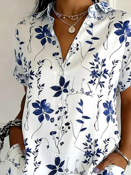 Women's Floral Print Loose Fit Short Sleeve Button Up Shirt