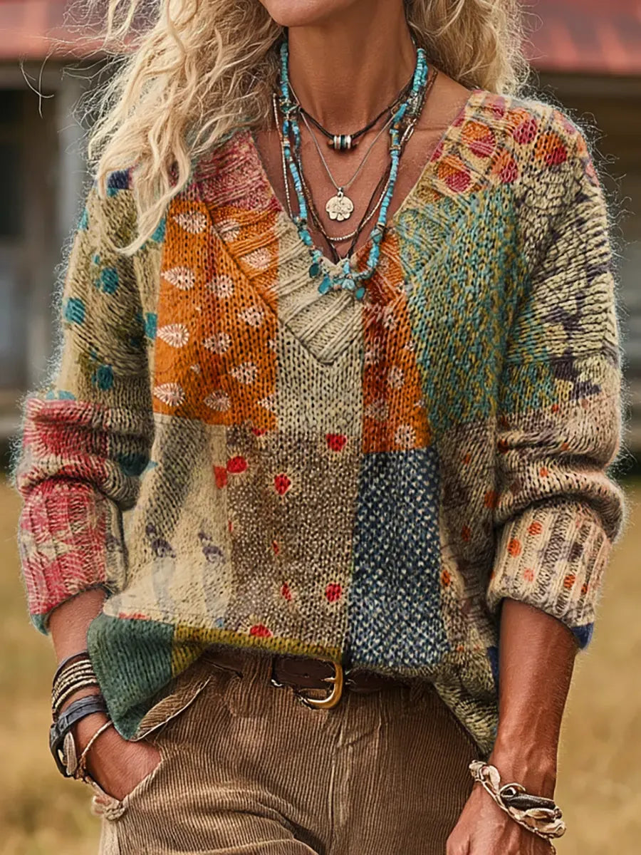 Women's Bohemian Floral Patchwork Art Print V-neck Sweater