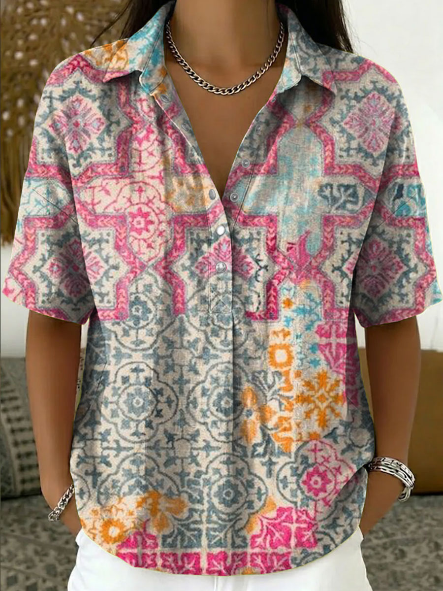 Women's Vintage Botanical Floral Casual Polo Collar Short-sleeved Linen And Cotton Shirt