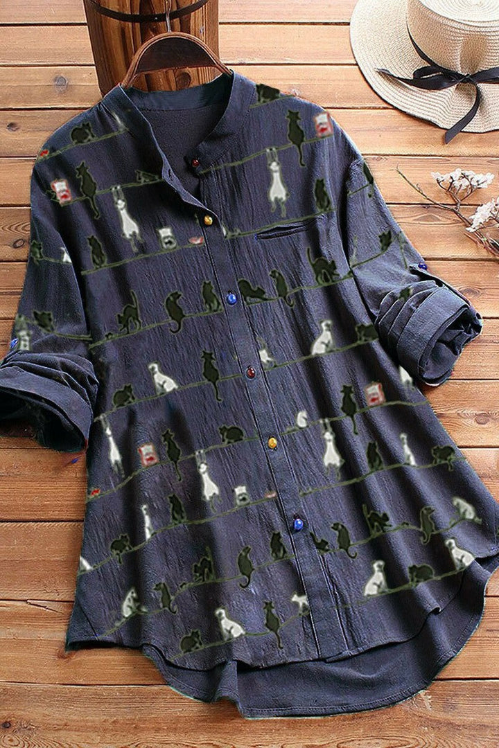 Cartoon Cat Print Buttons Long Sleeves Blouse