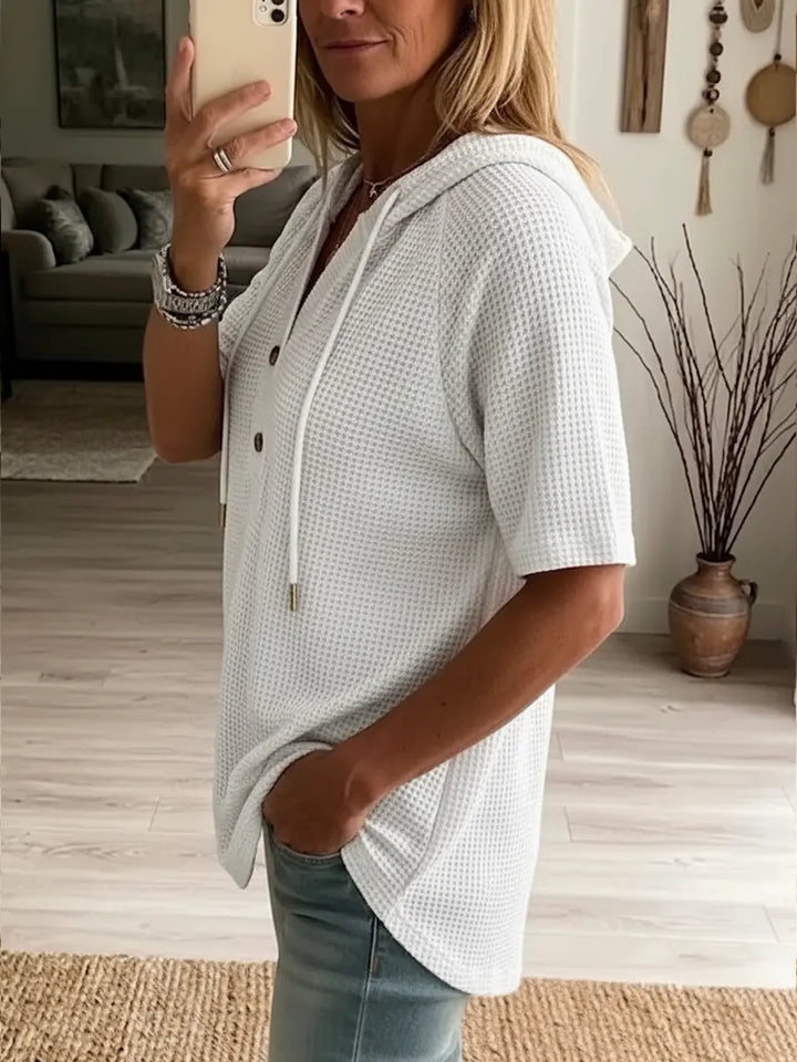 Women's Hooded Waffle Knit Short-sleeve Top