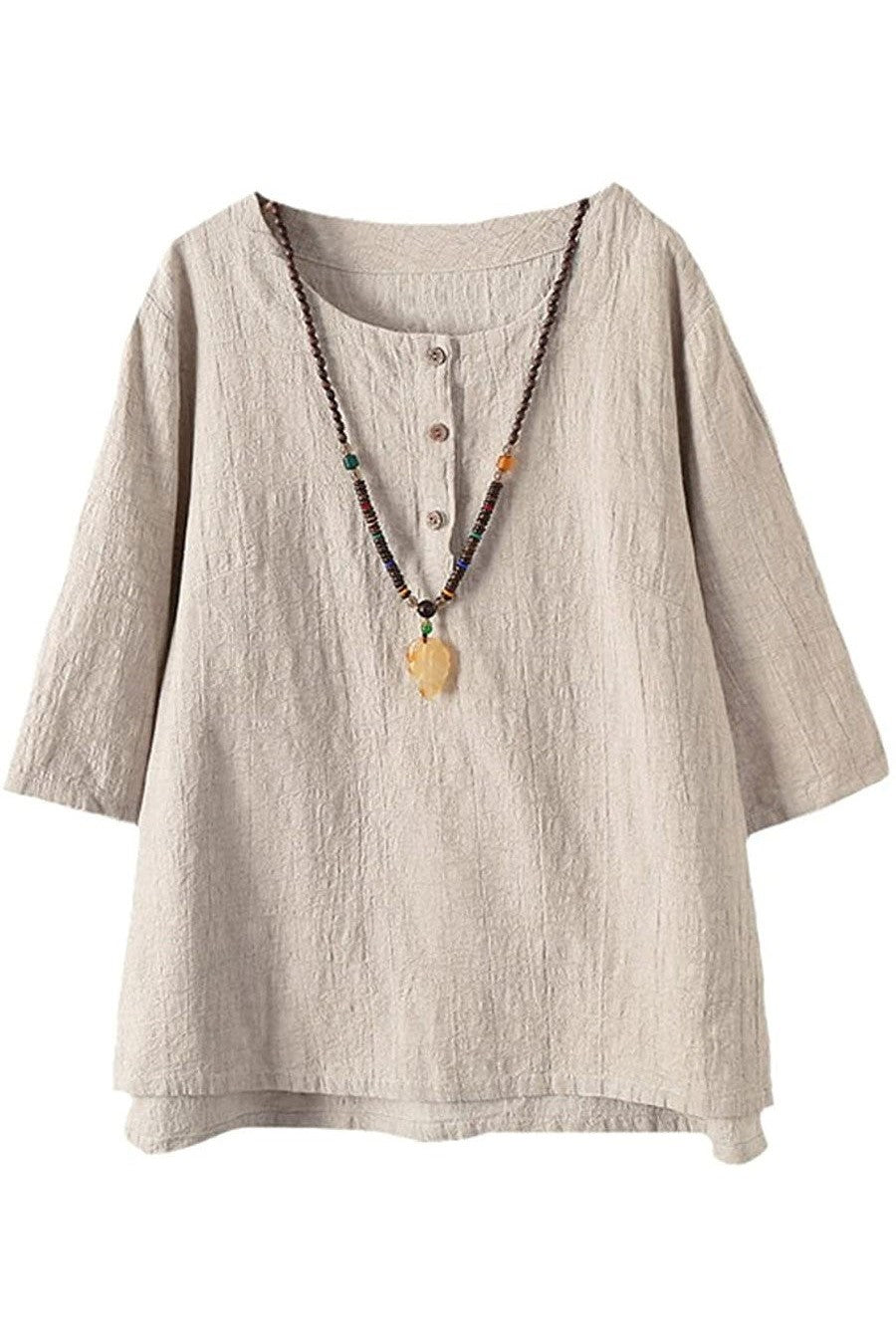 Solid Color Buttons Round Neck 3/4 Sleeves Shirts