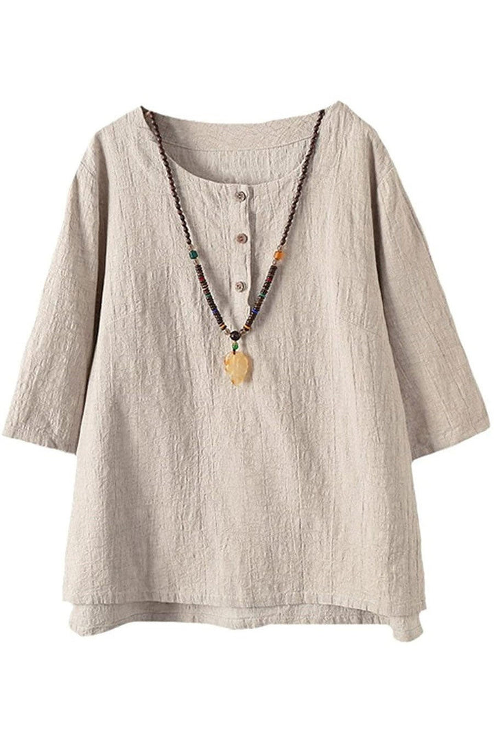 Solid Color Buttons Round Neck 3/4 Sleeves Shirts