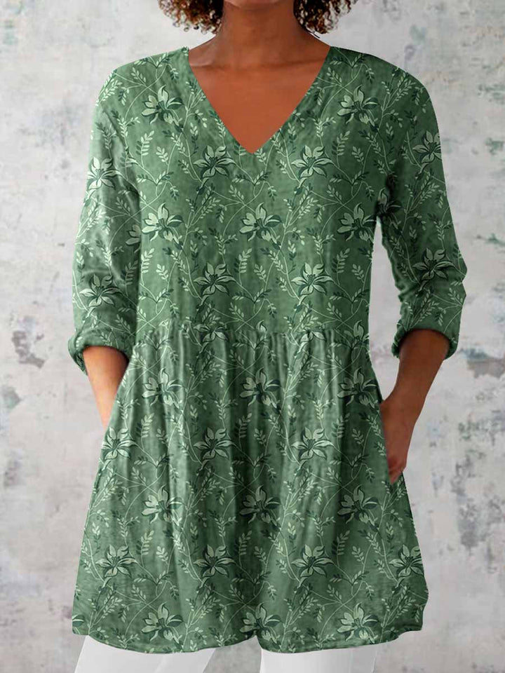Women's Elegant Floral Pattern V Neck  Top
