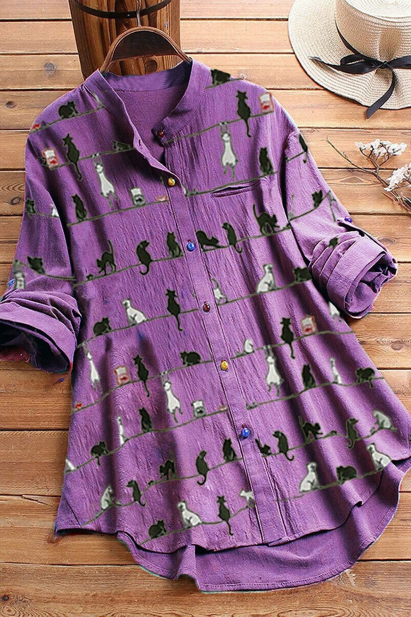 Cartoon Cat Print Buttons Long Sleeves Blouse
