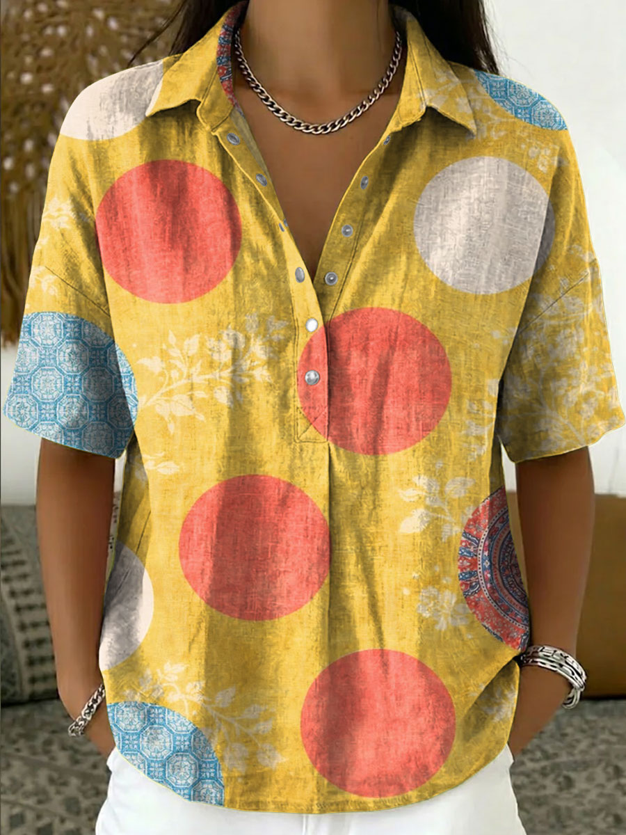 Women's Vintage Botanical Floral Casual Polo Collar Short-sleeved Linen And Cotton Shirt