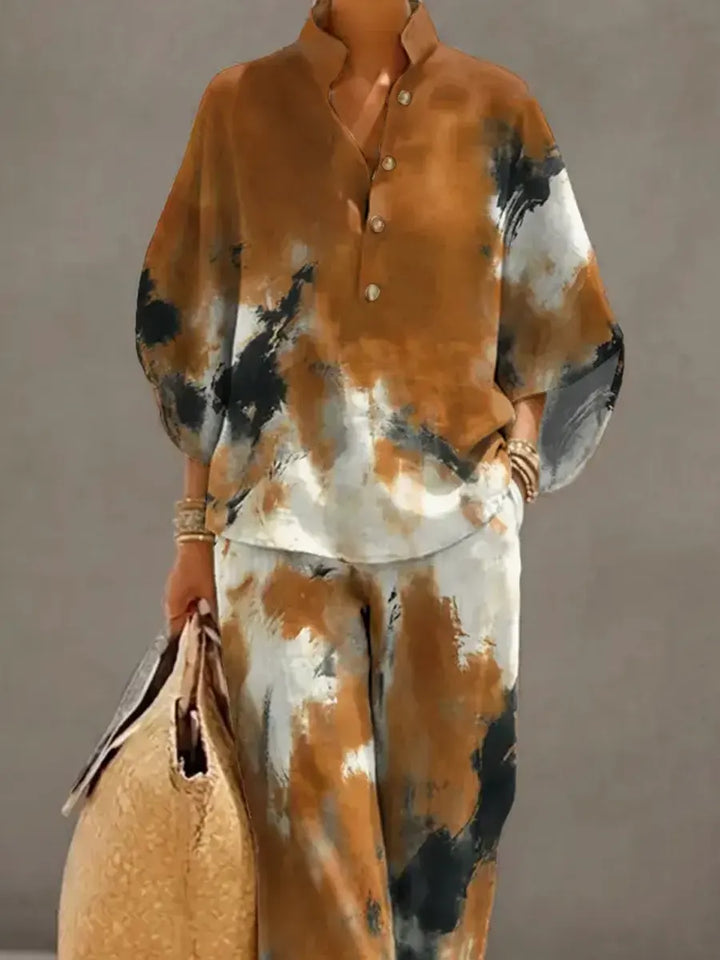 Women's Retro Art Print Casual 3/4 Sleeve Top And Pants Cotton Linen Suits