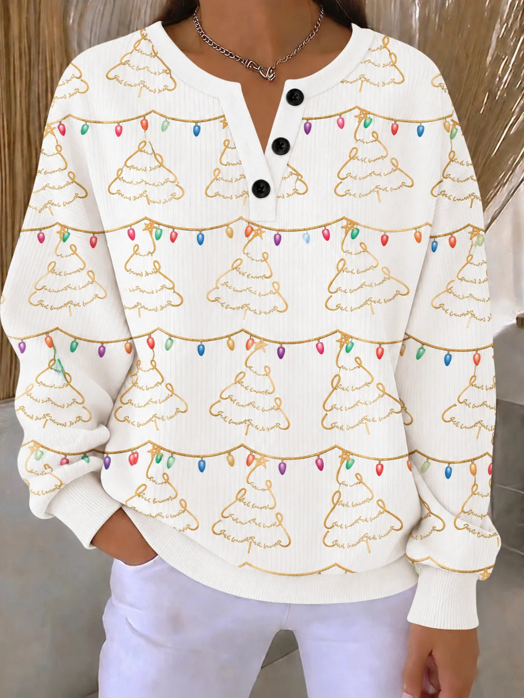 Buckle Henley Collar Christmas Tree Elegant Sweatshirt