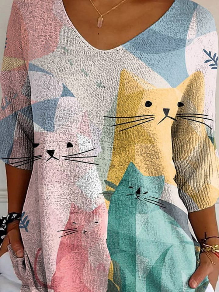 Women's Lovely Cats Art Print Casual Pullover Knit