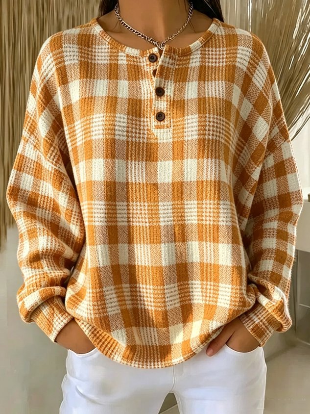 Casual Plaid Henley Collar Long Sleeve Sweatshirt