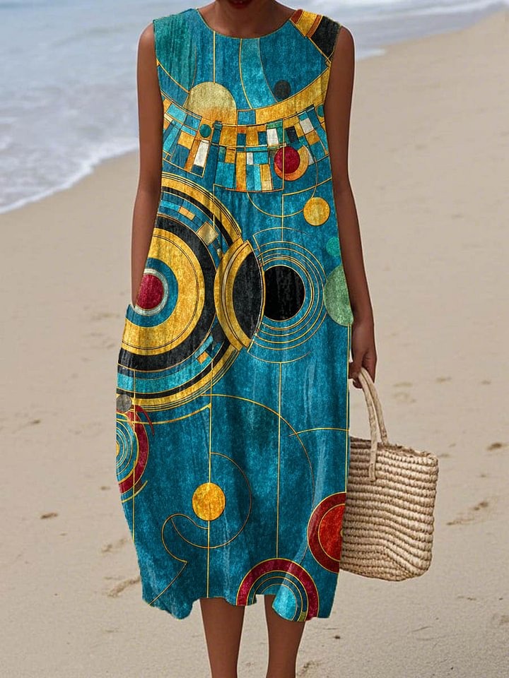 Women's Abstract Geometric Pattern Art Print Casual  Cotton Linen Wide Leg Jumpsuit
