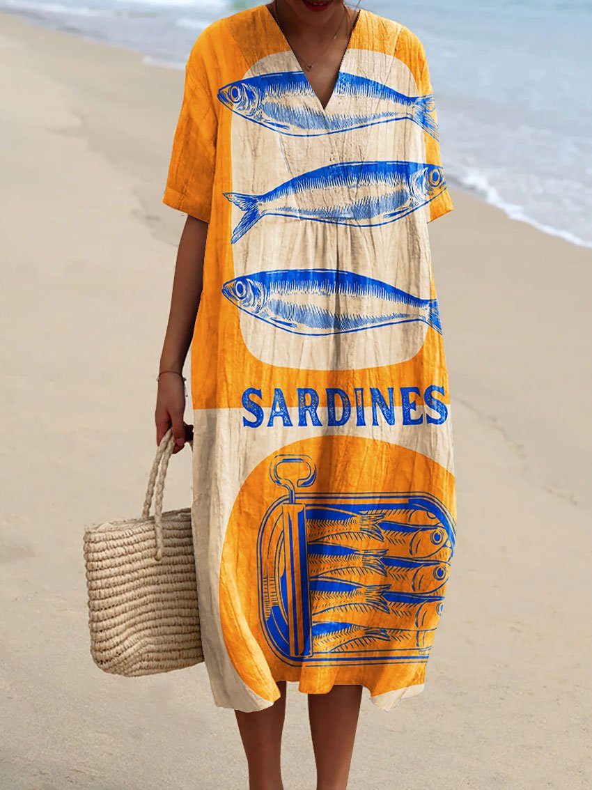 Women's Vintage Fish Sardine Art Print Flowy Dress