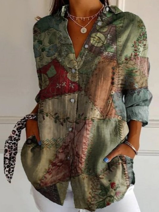 Women's Shirt Cotton Button Up Floral Geometric Basic Blouse Casual Long Sleeve Shirt Collar Daily Top