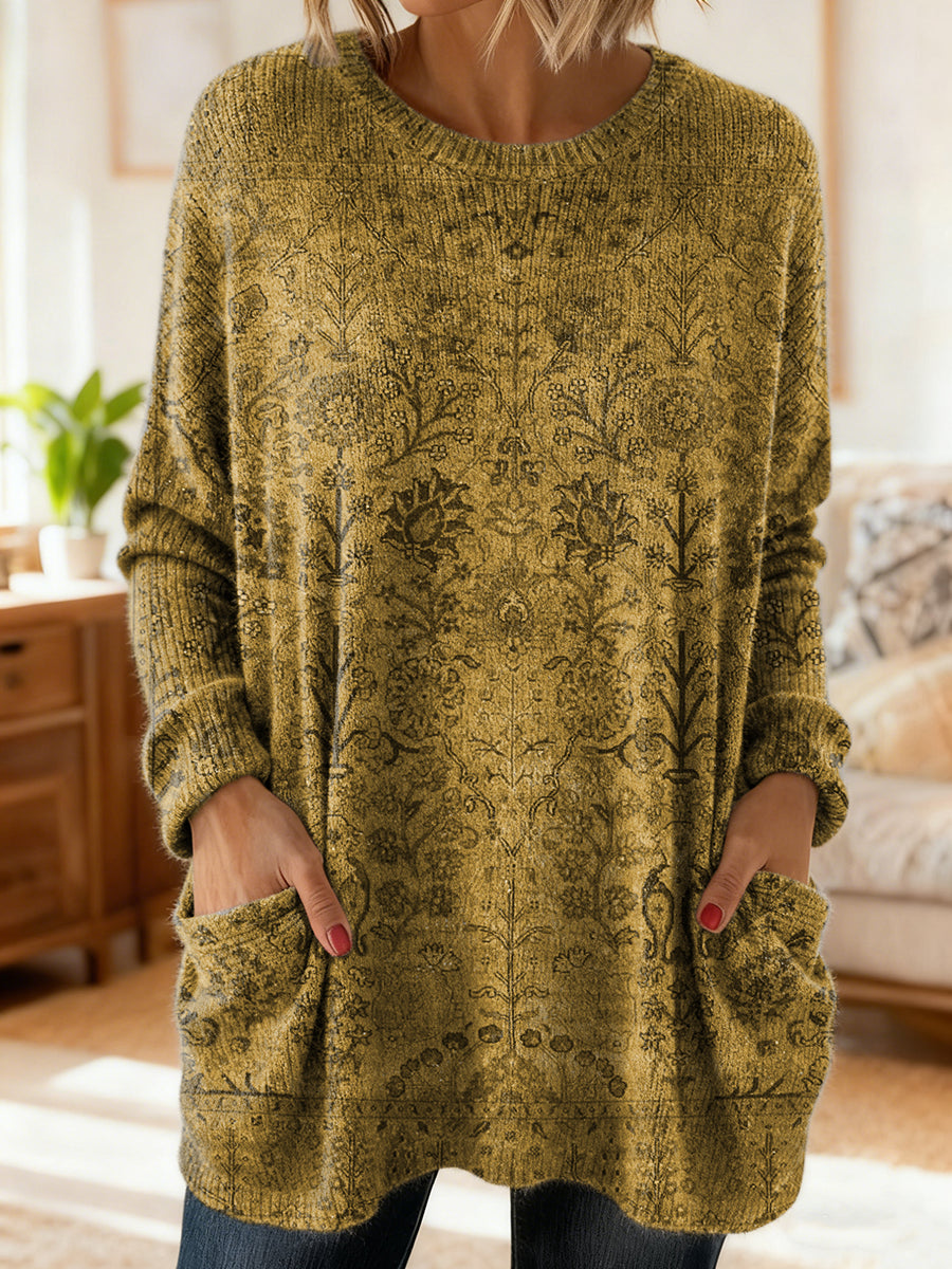 Women's Retro Ethnic Art Print Casual Long-Sleeved Round Neck Cotton Knit Sweater
