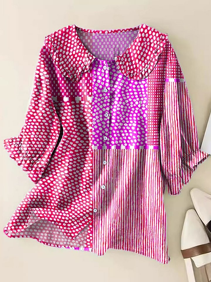 Women's Bright Abstract Polka Dot Art Print Casual Cotton And Linen Ruffle Shirt