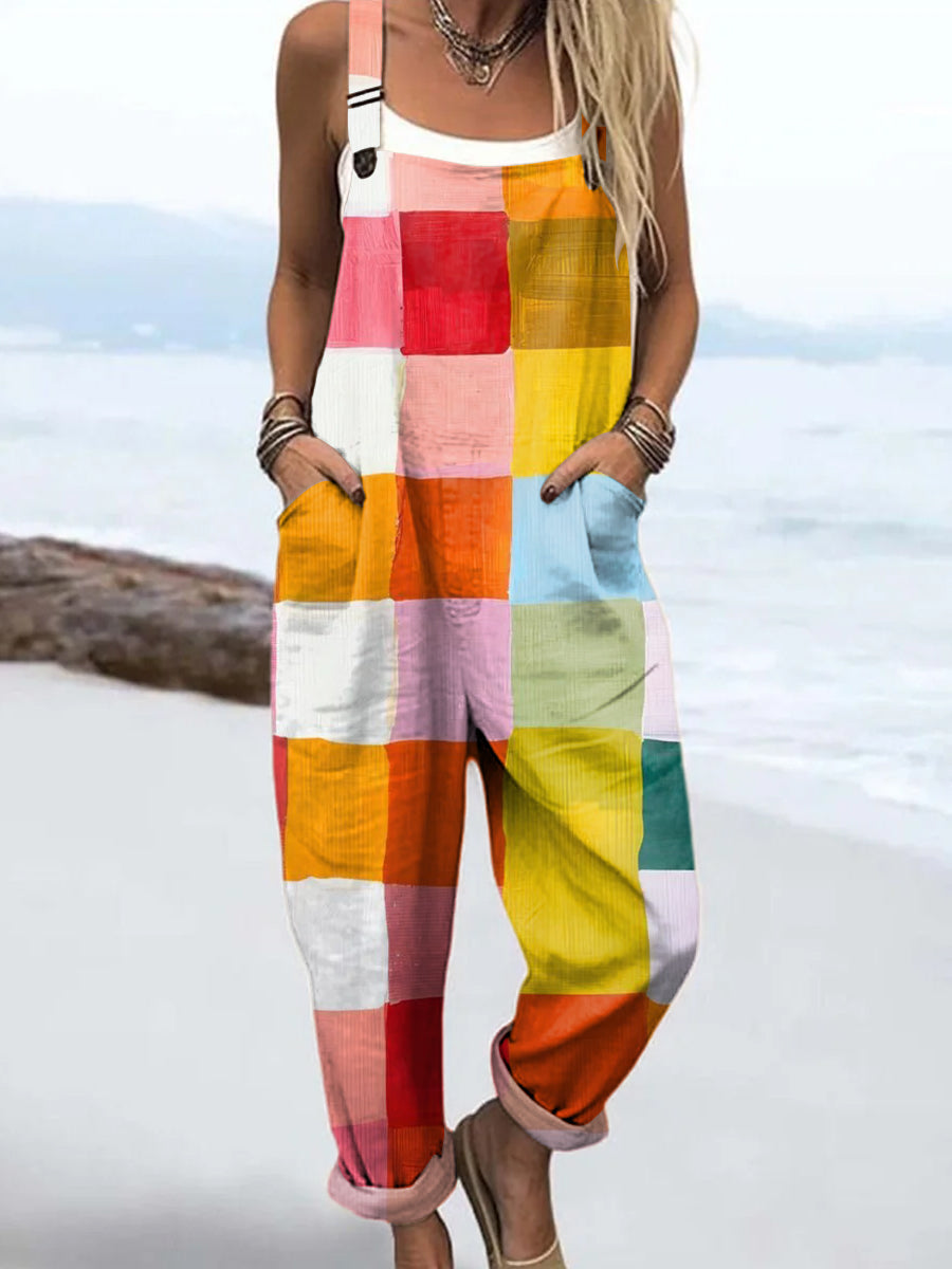 Women's Colourful Art Plaid Print Casual Cotton Linen Wide Leg Jumpsuit