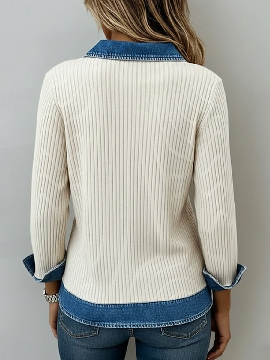 Daily Knitted White V Neck Long Sleeve Contrast Casual Denim Blouses