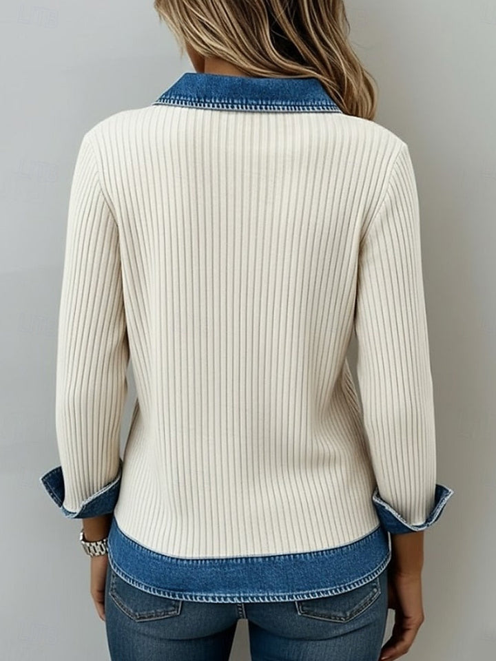 Daily Knitted White V Neck Long Sleeve Contrast Casual Denim Blouses
