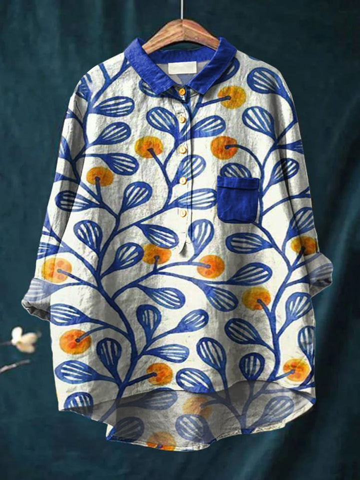 Blue Floral Decorative Pattern Casual Cotton And Linen Shirt