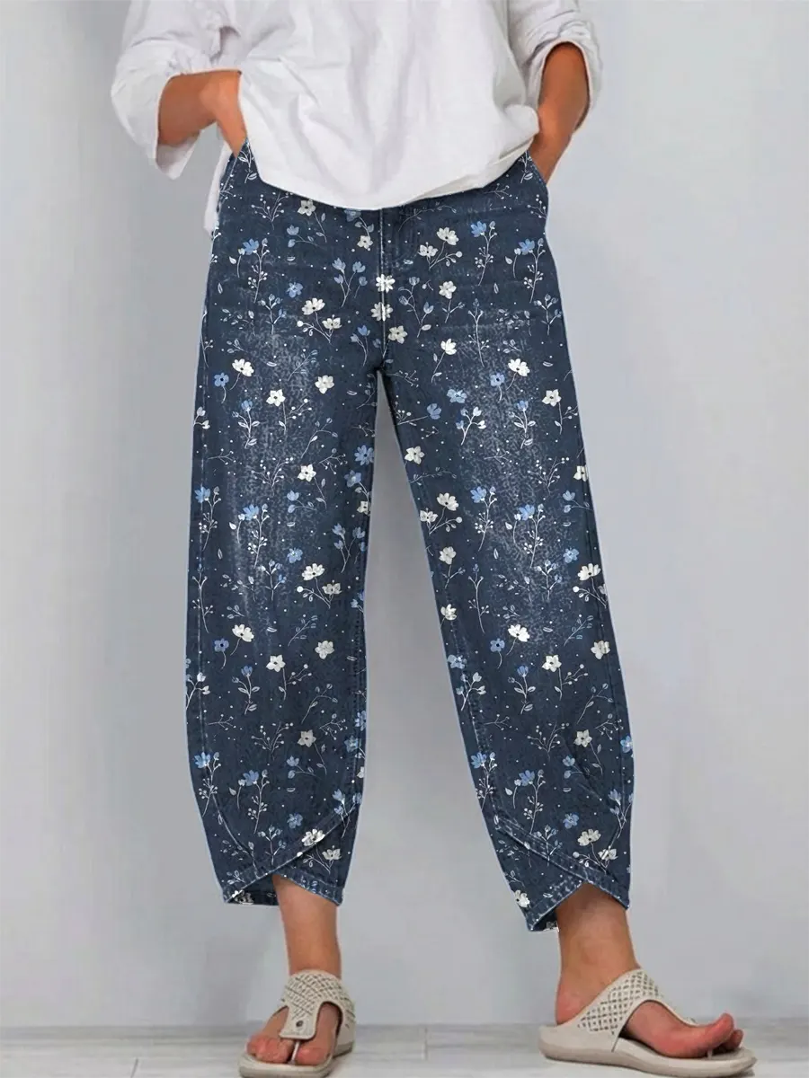 Women's Vintage Floral Pattern Art Print Casual Denim Pants