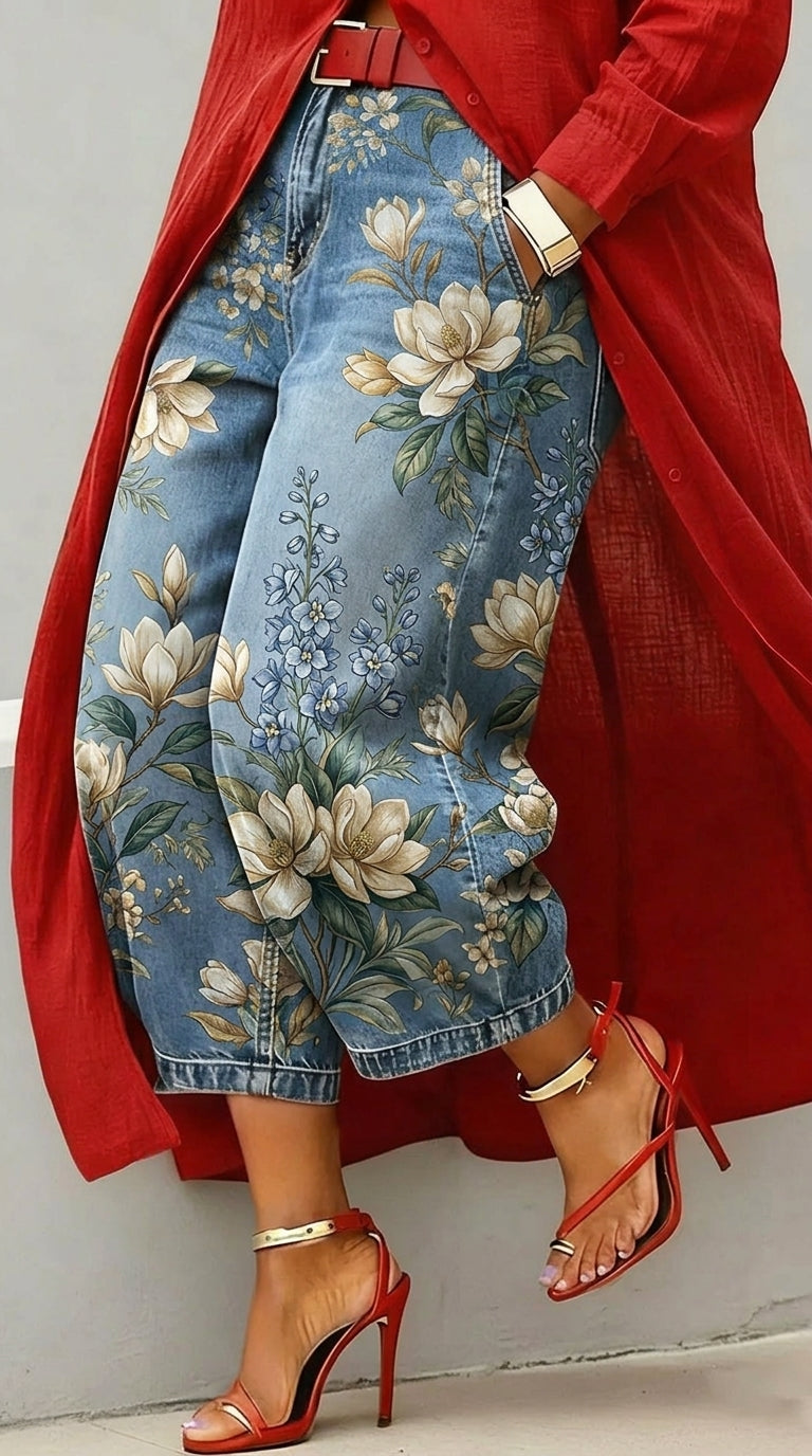 Women's Vintage Flower Art Print Casual Jeans