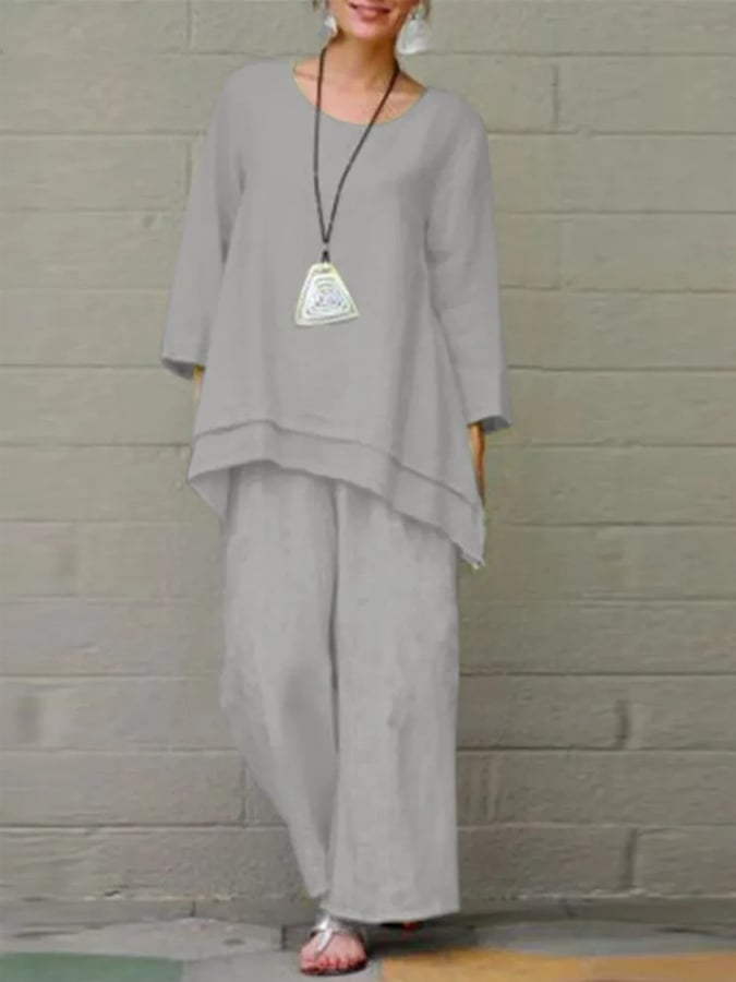 Women'S Solid Color Cotton And Linen Two-Piece Set