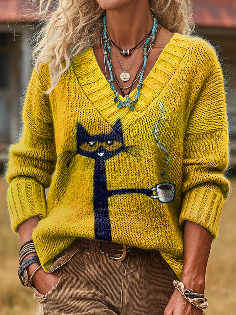 Cat Drinking Coffee Art Print Casual Long-sleeved V-neck Knit Sweater