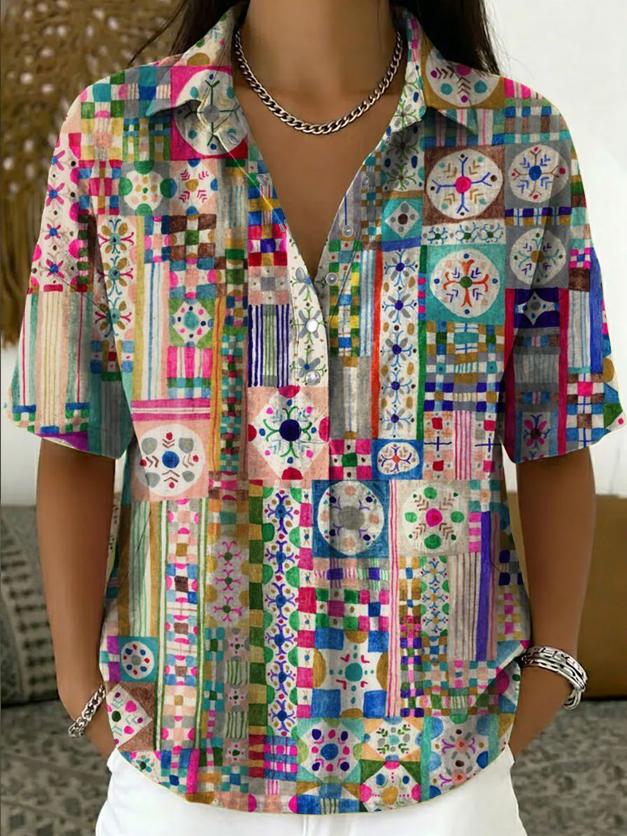 Women's Vintage Botanical Floral Casual Polo Collar Short-sleeved Linen And Cotton Shirt