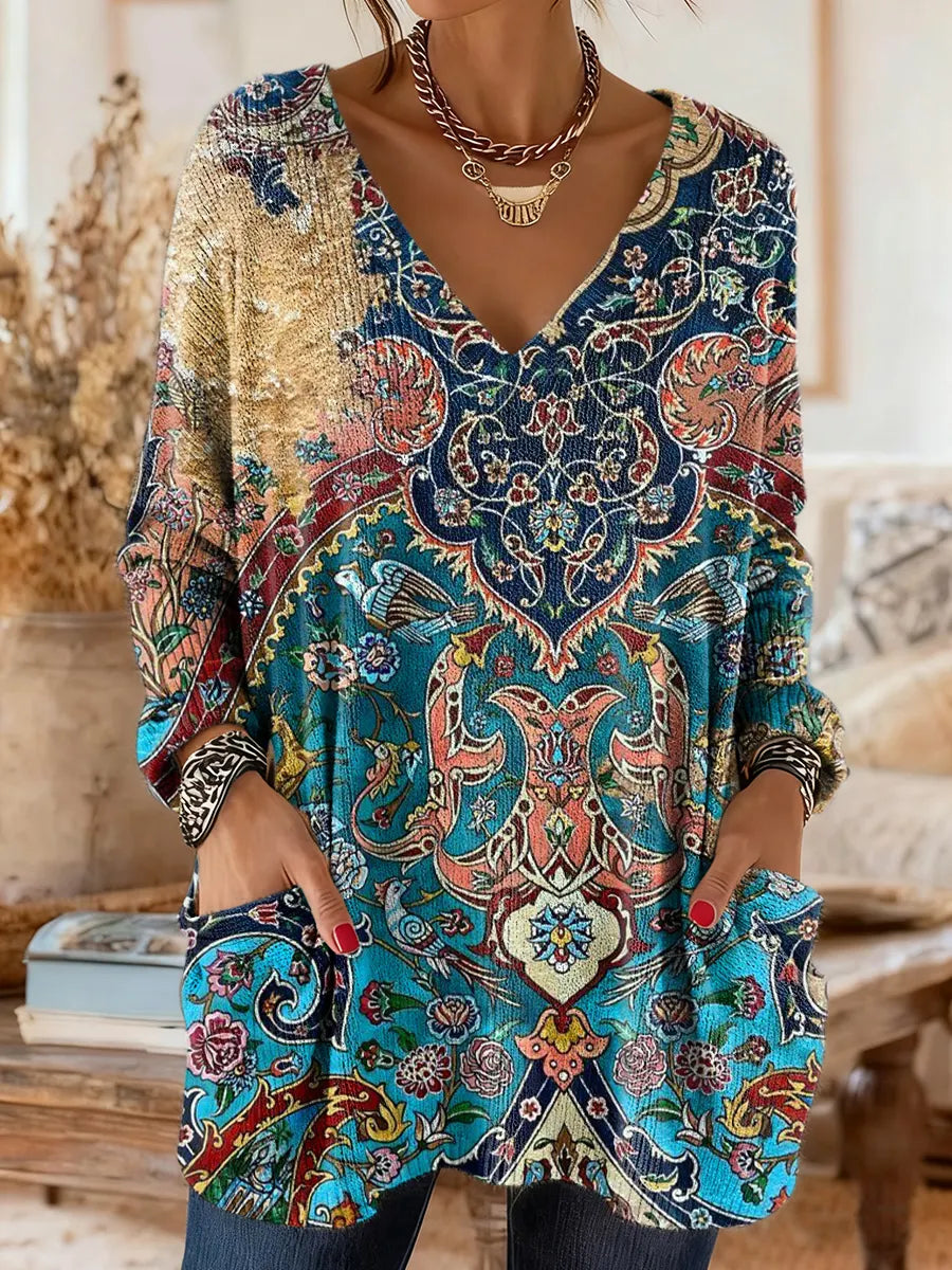 Women's Bohemian Ethnic Floral Art Print V-Neck Casual Long-Sleeve Sweater