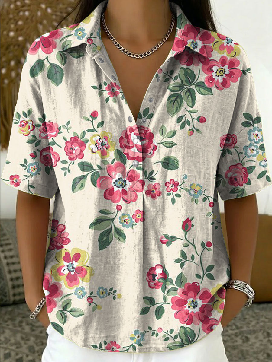 Women's Vintage Botanical Floral Casual Polo Collar Short-sleeved Linen And Cotton Shirt